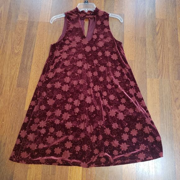 Vtg 90s Y2K Velvet Floral A-line Skater Dress Sleeveless Grunge Boho Maroon Sz S - Picture 5 of 8